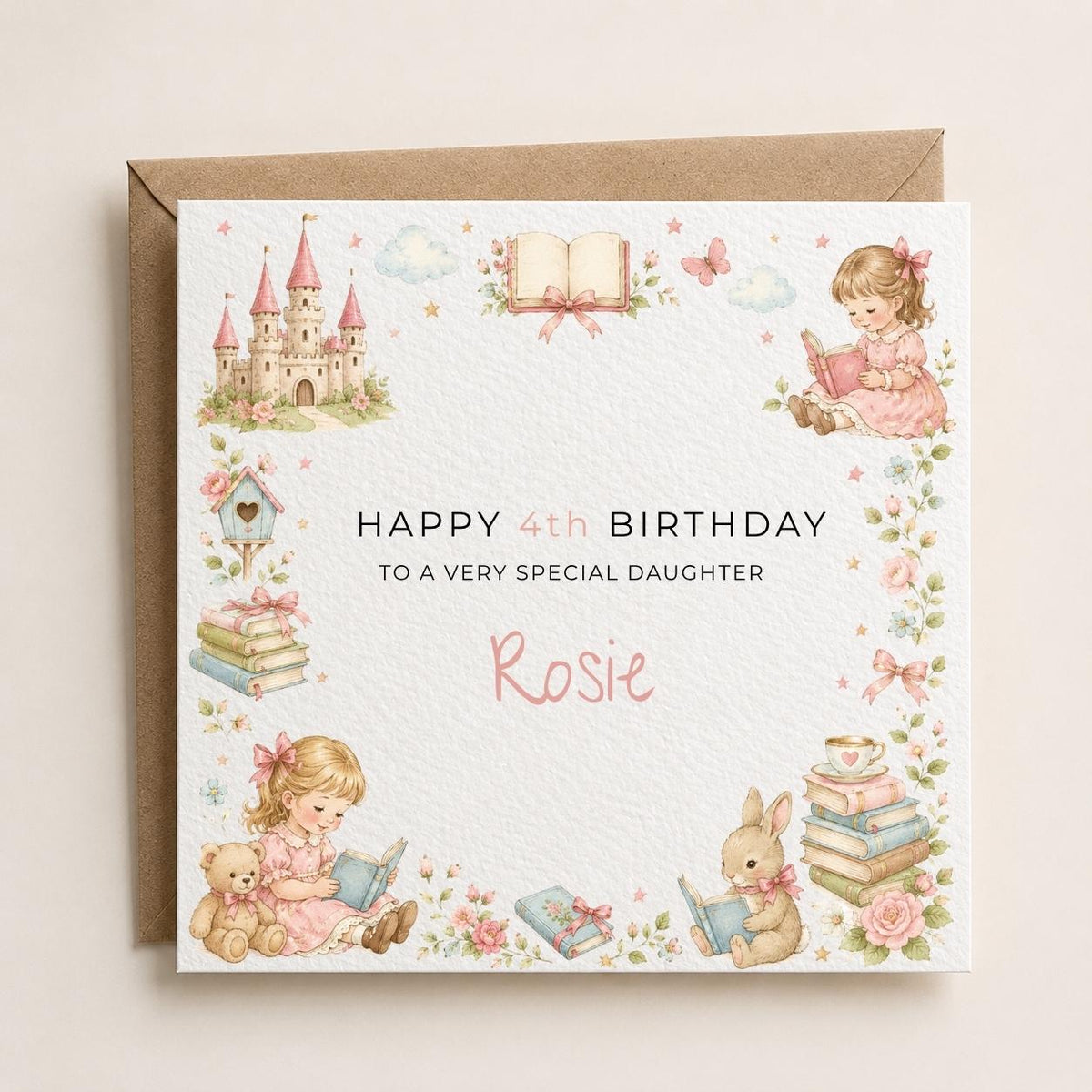 Personalised Storybook Theme Birthday Card for Daughter, Granddaughter, Sister etc