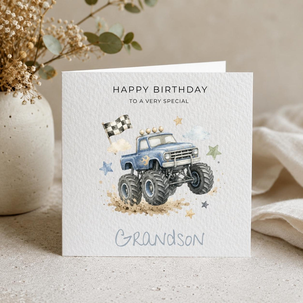 Personalised Monster Trucks Theme Birthday Card for Son, Grandson, Brother etc