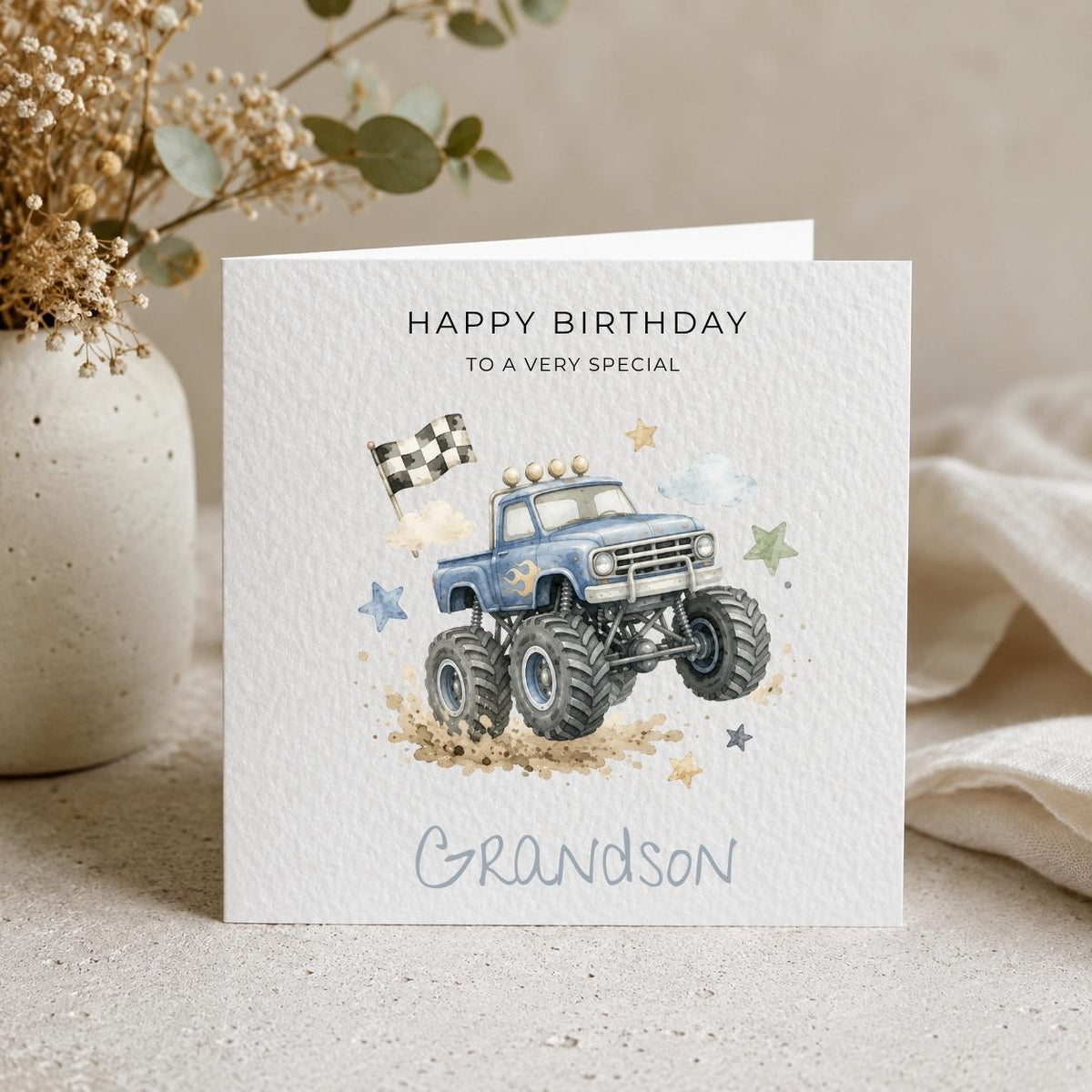 Personalised Monster Trucks Theme Birthday Card for Son, Grandson, Brother etc