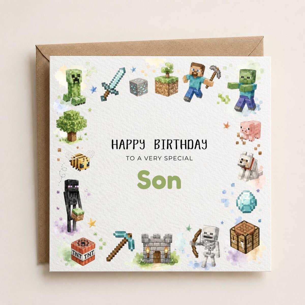 Personalised Block Character Gaming Theme Birthday Card for Son, Daughter, Brother, Sister etc