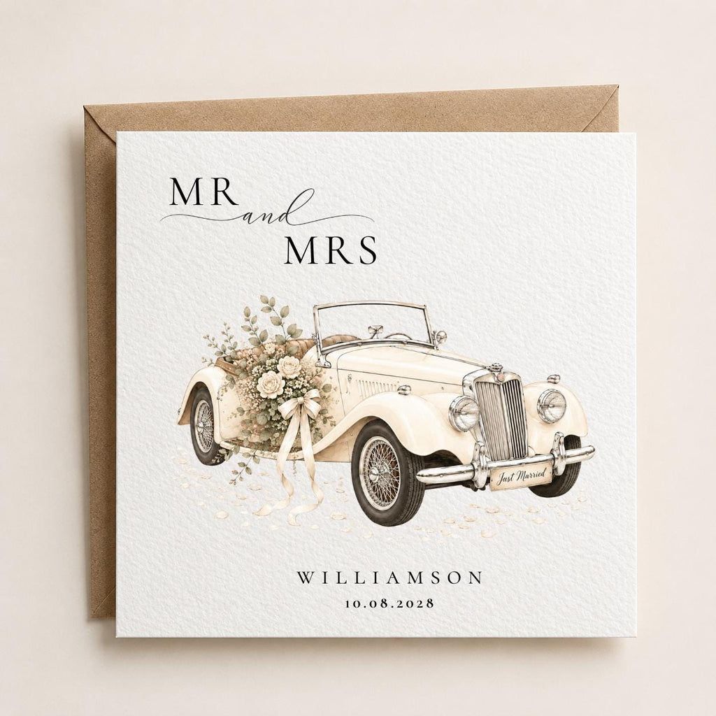 Personalised Just Married Wedding Card | Vintage Car, Custom Surname, Date