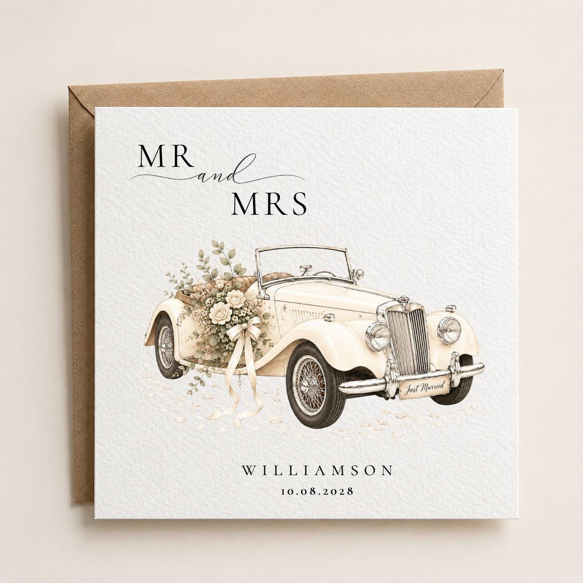 Personalised Just Married Wedding Card | Vintage Car, Custom Surname, Date