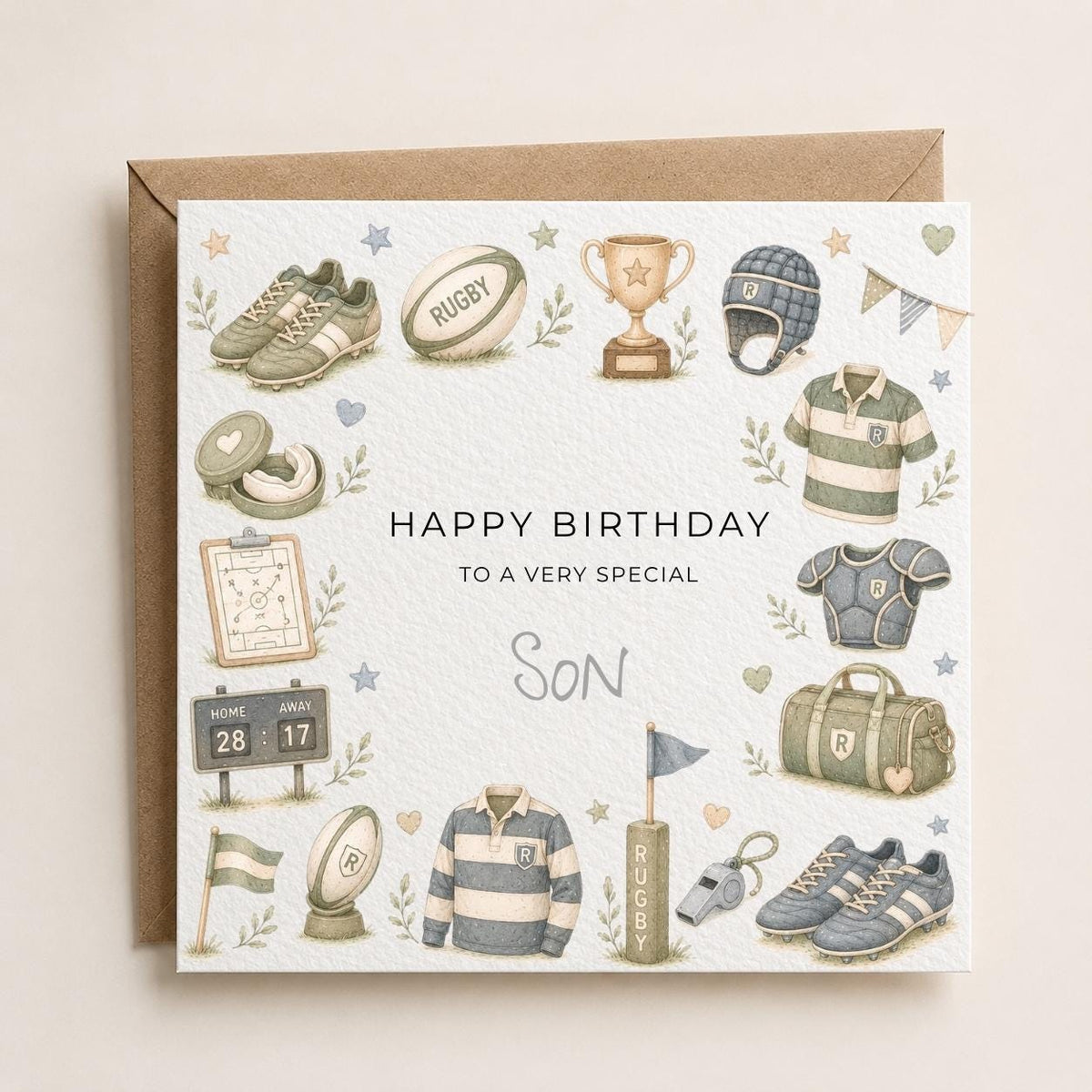 Personalised Rugby Theme Birthday Card for Son, Grandson, Brother etc