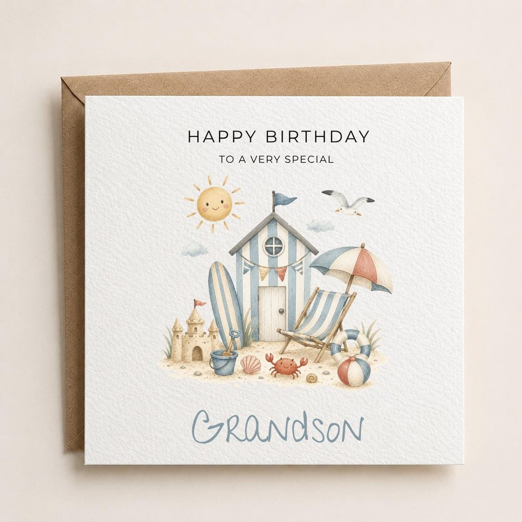 Personalised Seaside Theme Birthday Card for Son, Grandson, Brother etc