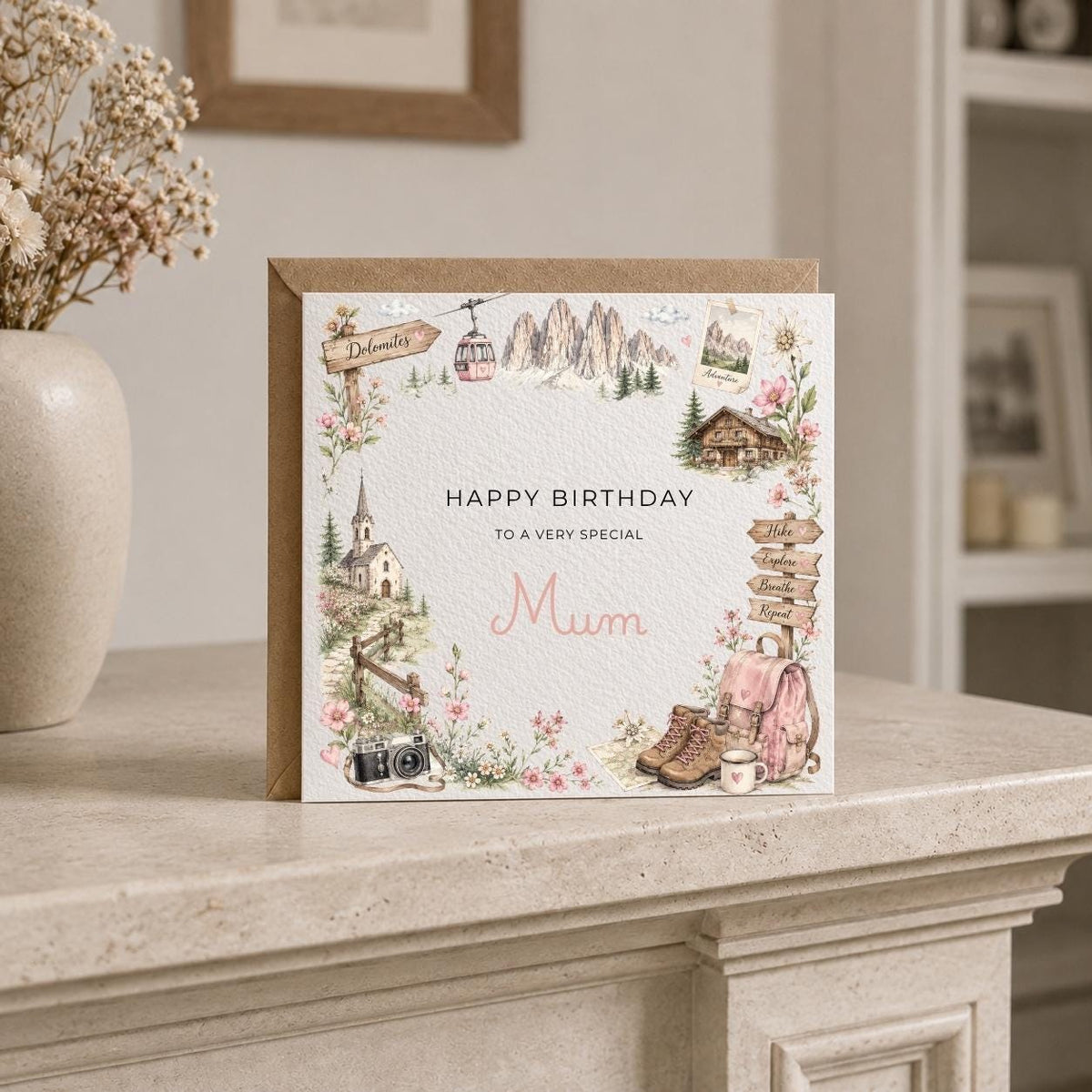 Personalised Dolomites Theme Birthday Card for Wife, Mum, Grandma, Daughter, Auntie, Sister etc