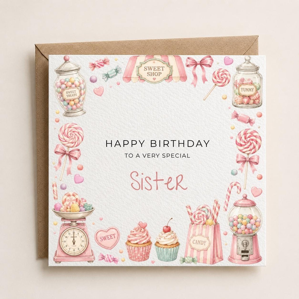 Personalised Sweets Theme Birthday Card for Daughter, Granddaughter, Sister etc