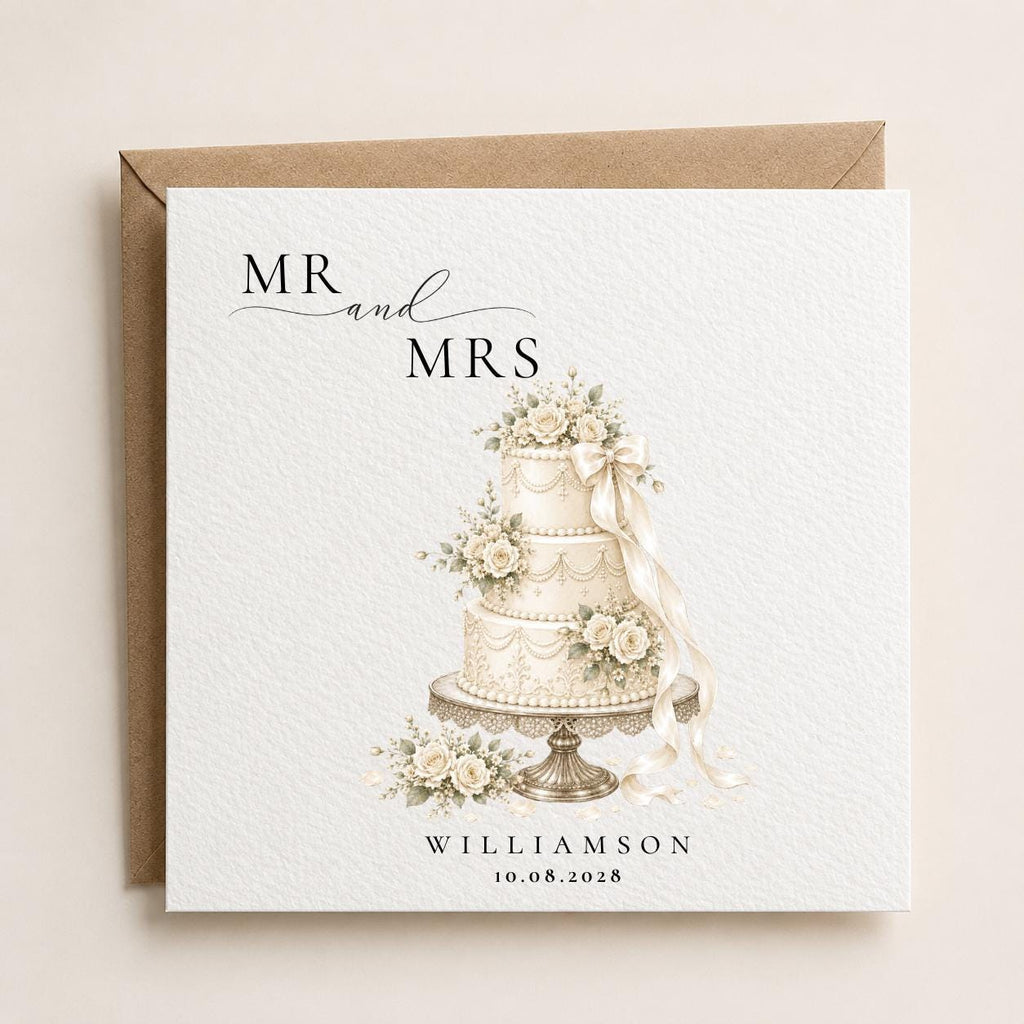 Personalised Wedding Card | Mr and Mrs, Vintage Cake Design, Custom Surname, Date