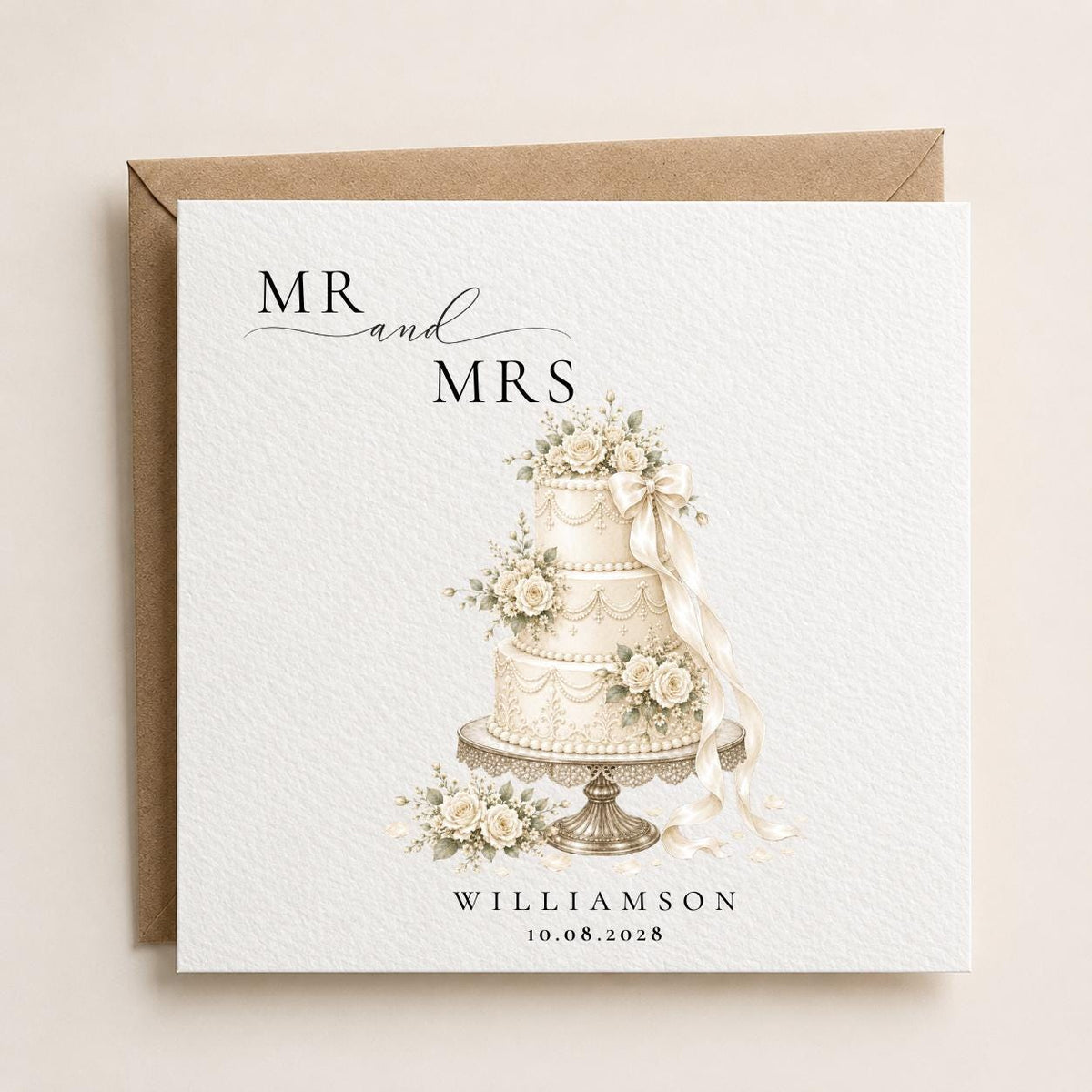 Personalised Wedding Card | Mr and Mrs, Vintage Cake Design, Custom Surname, Date