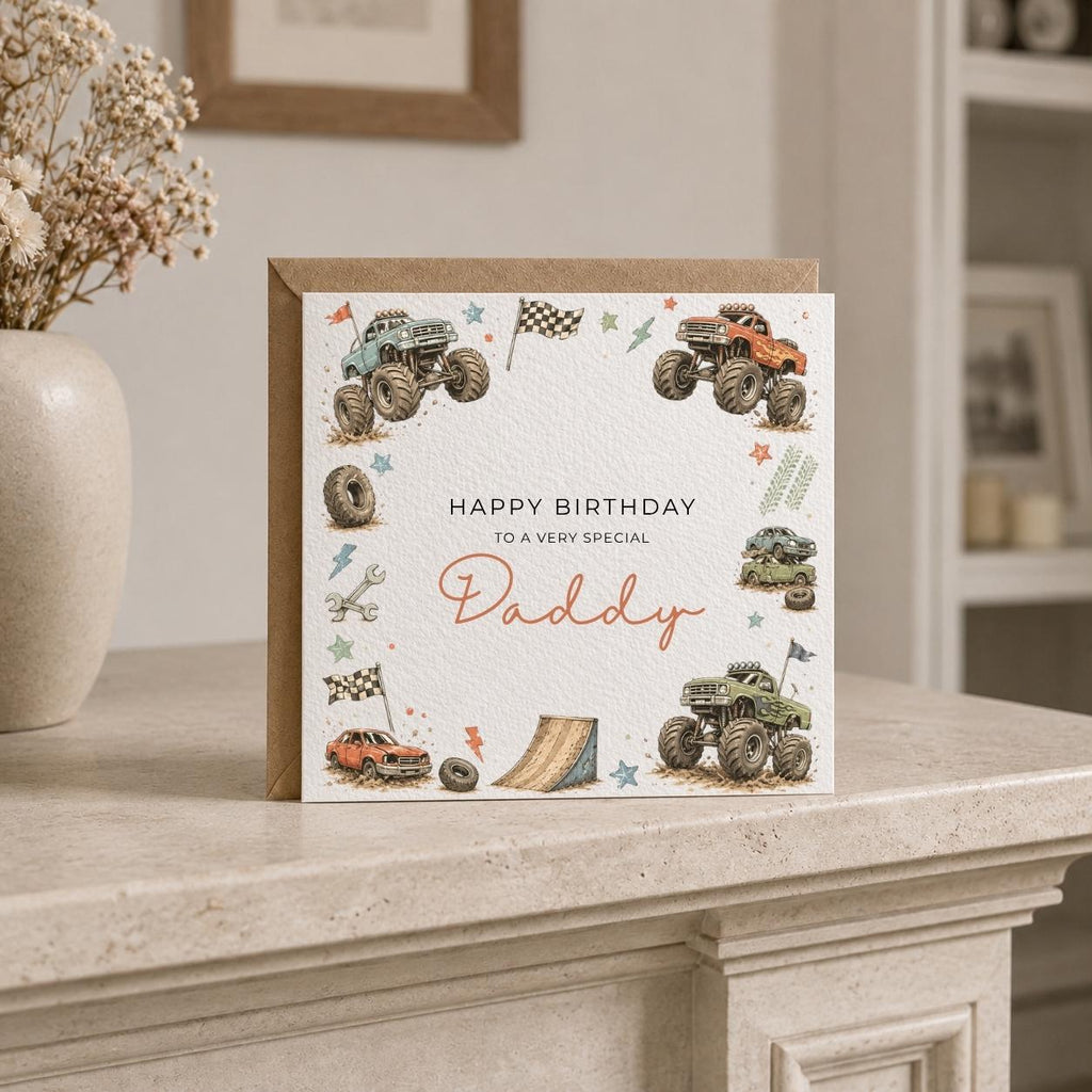 Personalised Monster Truck Theme Birthday Card for Husband, Dad, Grandad, Son,  Uncle, Brother etc
