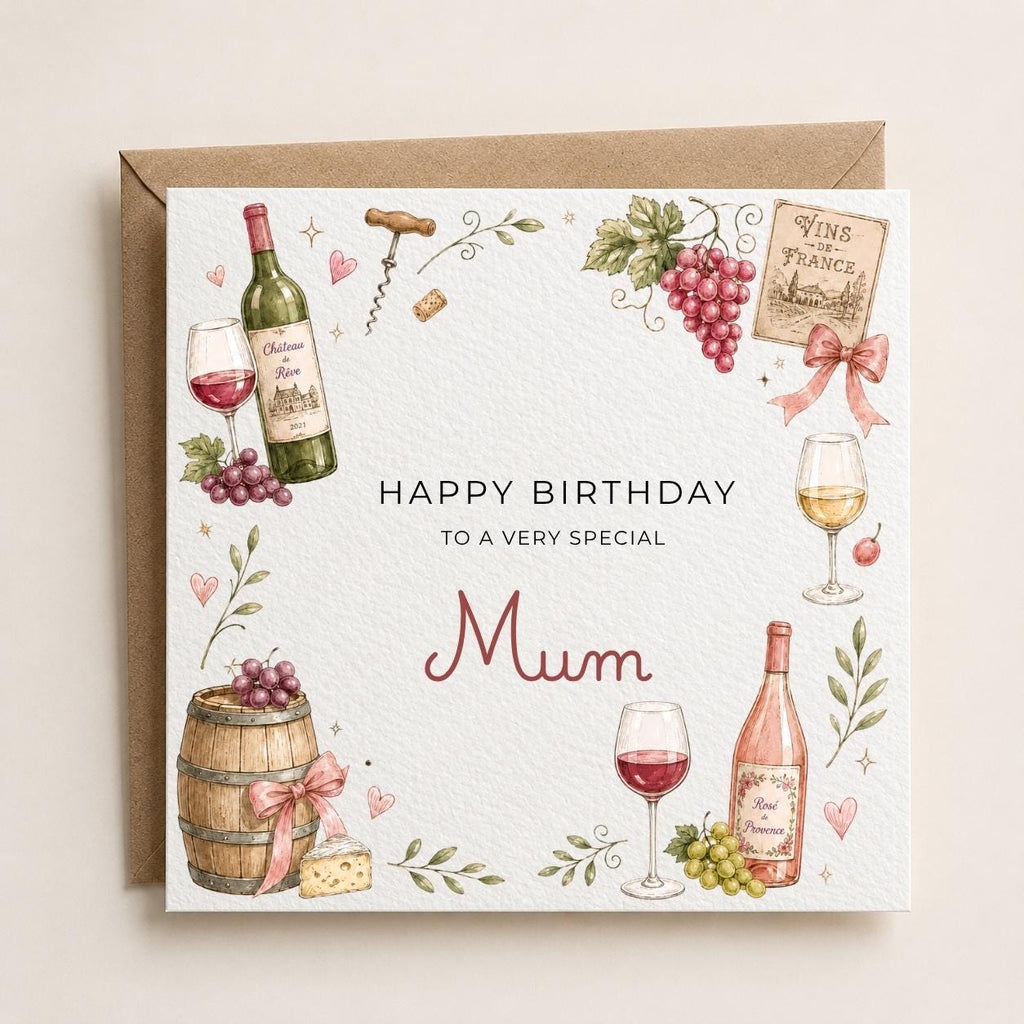 Personalised Wine Theme Birthday Card for Wife, Mum, Grandma, Daughter, Auntie, Sister etc