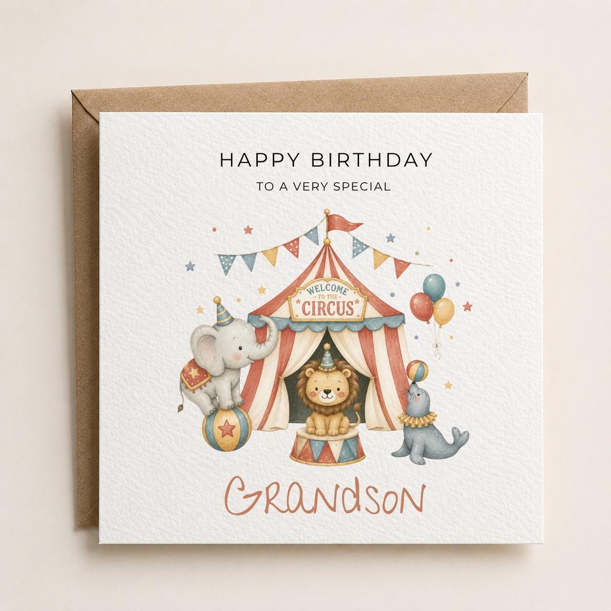 Personalised Circus Theme Birthday Card for Son, Grandson, Brother etc