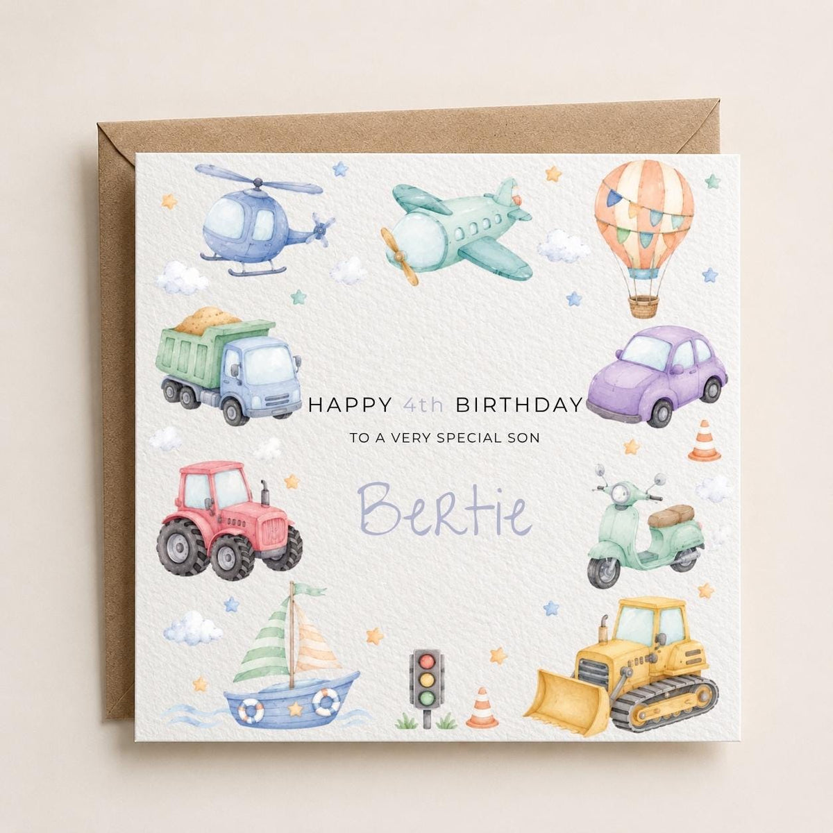 Personalised Transport Theme Birthday Card for Son, Grandson, Brother etc
