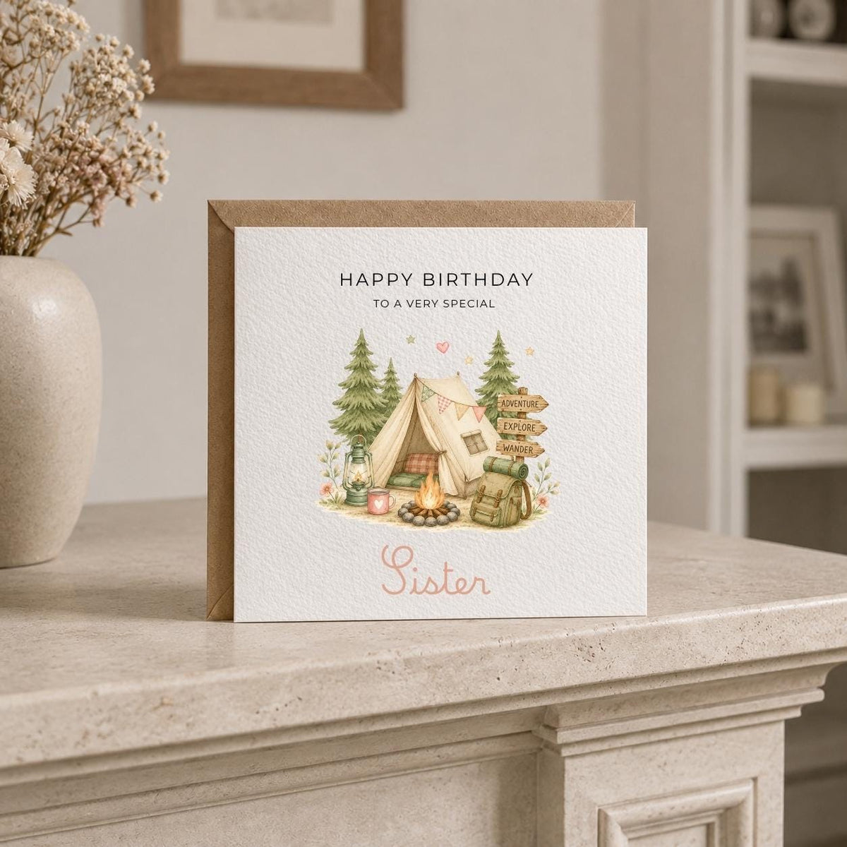 Personalised Camping Theme Birthday Card for Wife, Mum, Grandma, Daughter, Auntie, Sister etc