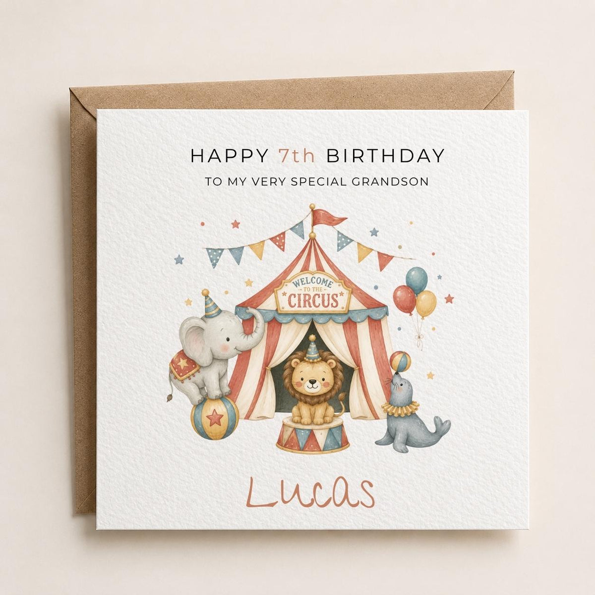 Personalised Circus Theme Birthday Card for Son, Grandson, Brother etc