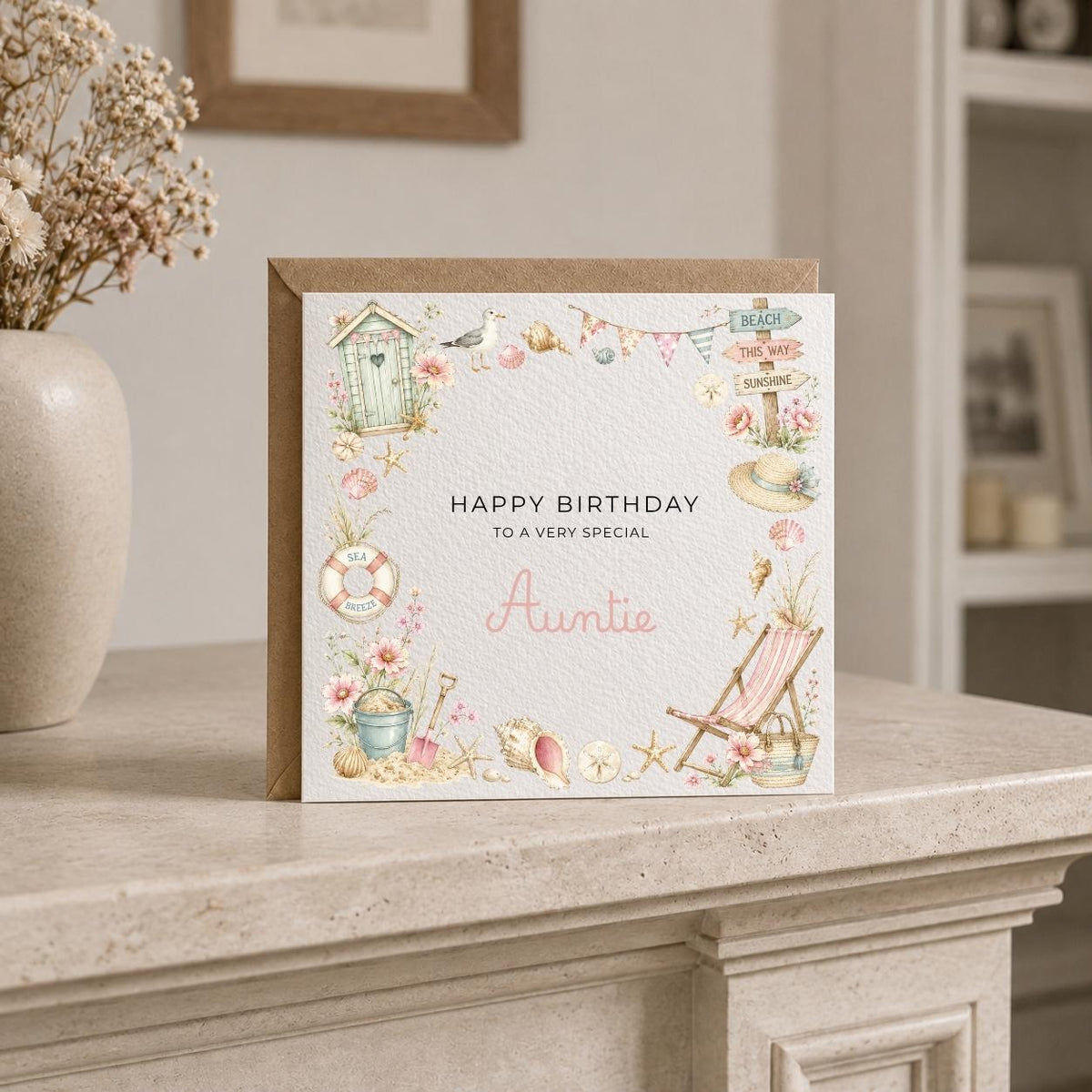 Personalised Beach Theme Birthday Card for Wife, Mum, Grandma, Daughter, Auntie, Sister etc