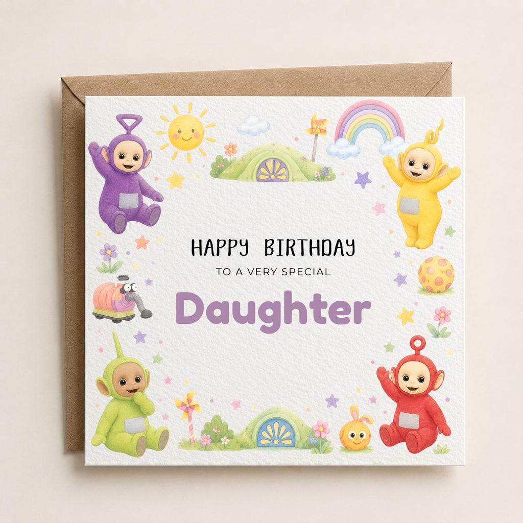 Personalised TV Characters | Teletubbies Theme Birthday Card for Son, Daughter, Brother, Sister etc