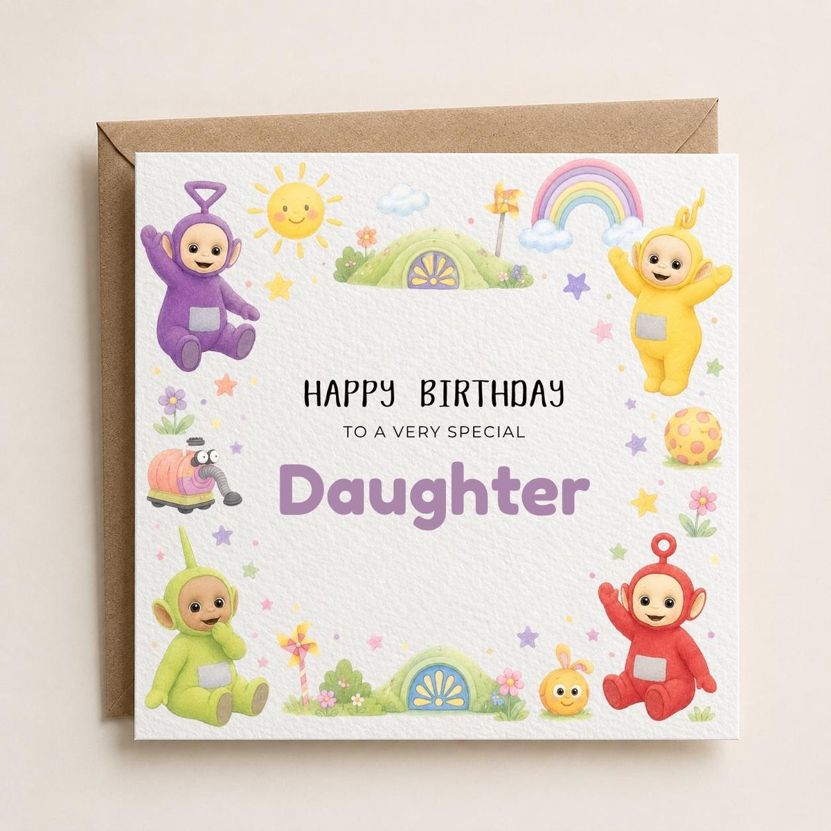 Personalised TV Characters | Teletubbies Theme Birthday Card for Son, Daughter, Brother, Sister etc