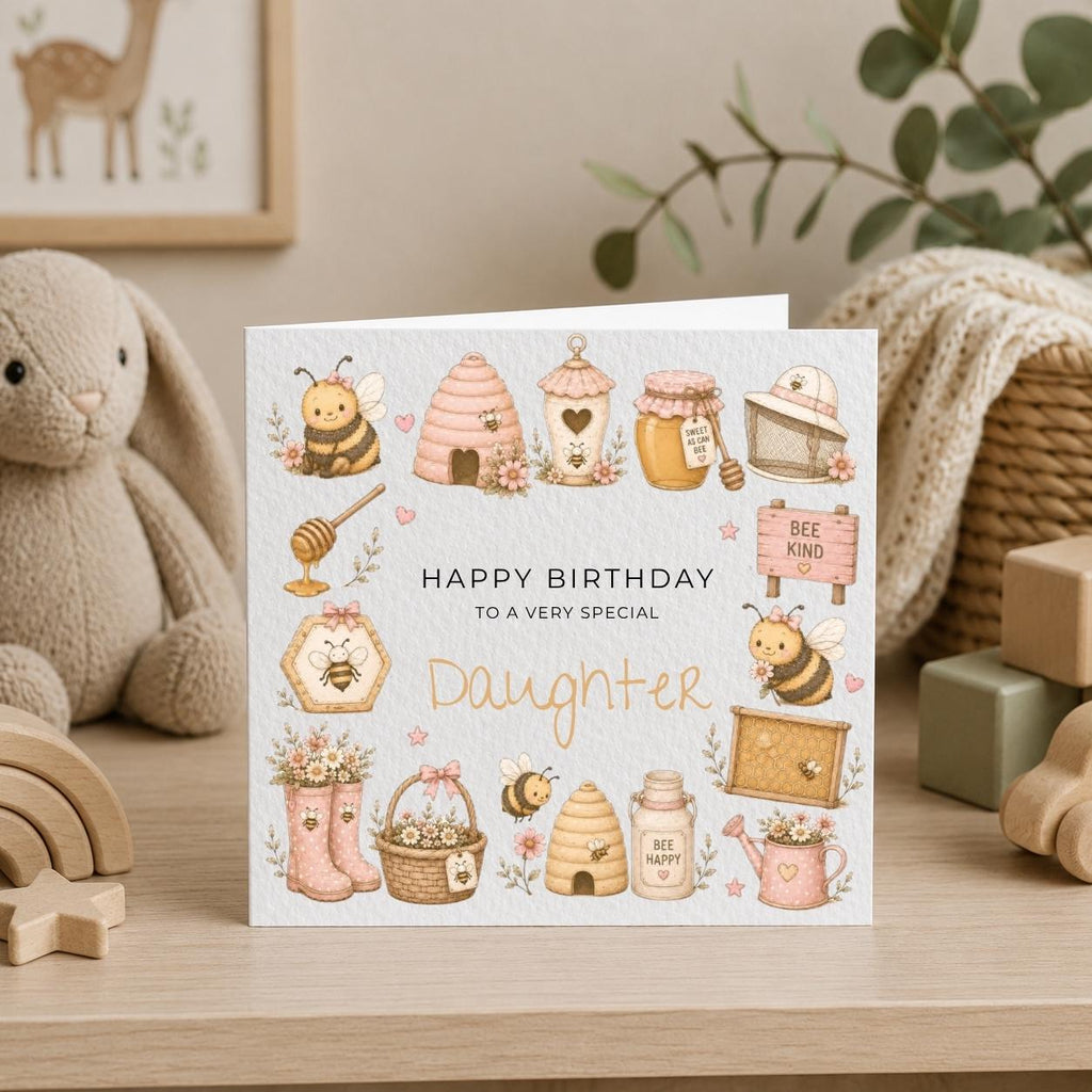 Personalised  Honey Bee Theme Birthday Card for Daughter, Granddaughter, Sister etc