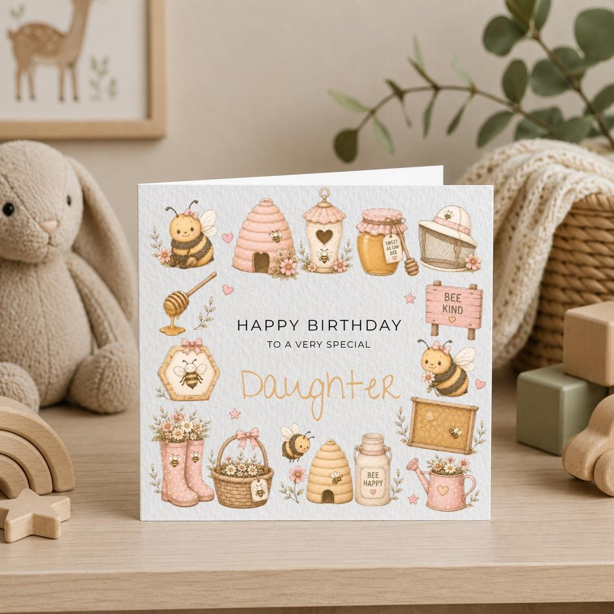 Personalised  Honey Bee Theme Birthday Card for Daughter, Granddaughter, Sister etc
