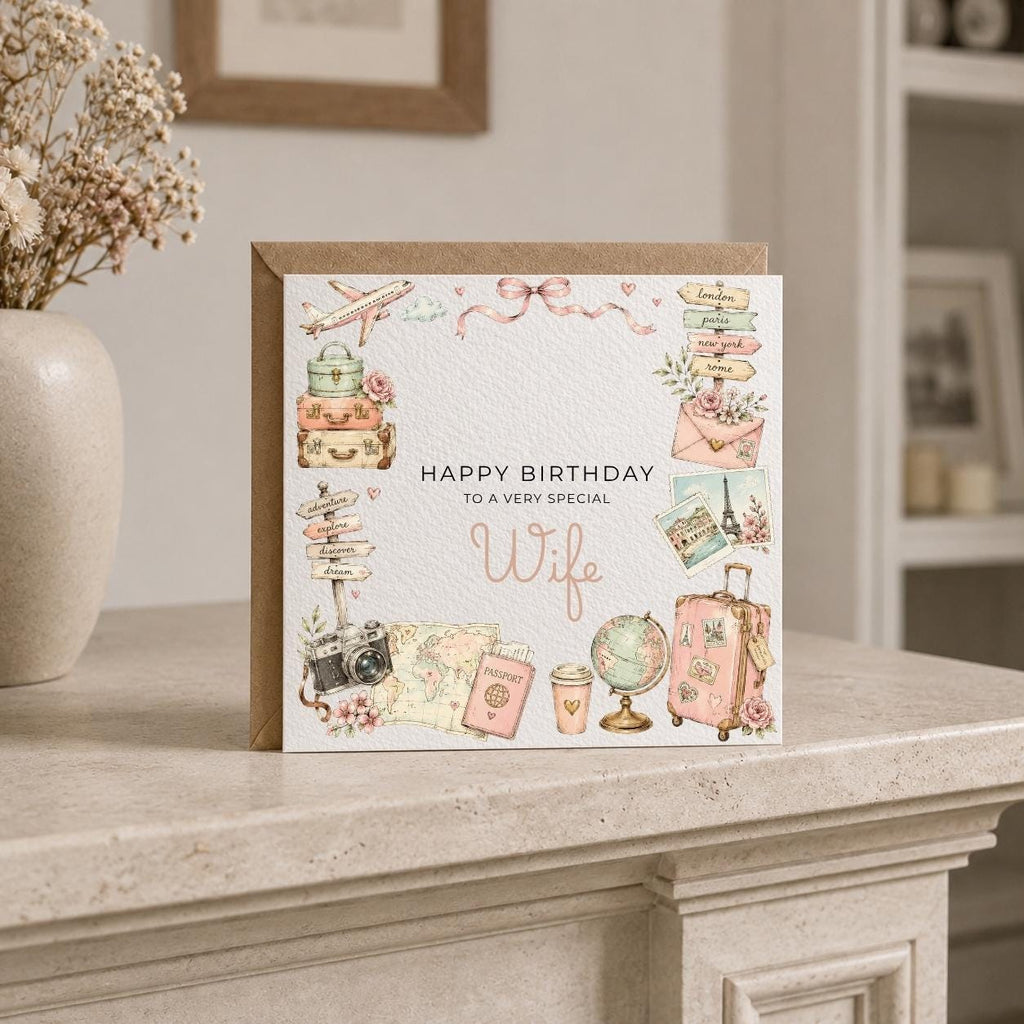 Personalised Travel Theme Birthday Card for Wife, Mum, Grandma, Daughter, Auntie, Sister etc