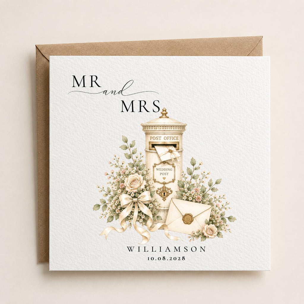 Personalised Wedding Card | Mr and Mrs Surname, Vintage Post Box Design, Date Gift