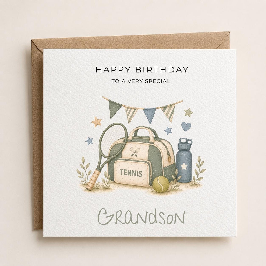 Personalised Tennis Theme Birthday Card for Son, Grandson, Brother etc