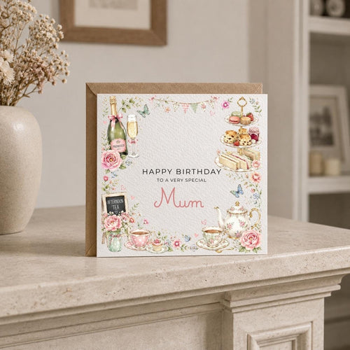 Personalised Afternoon Tea Theme Birthday Card for Wife, Mum, Grandma, Daughter, Auntie, Sister etc