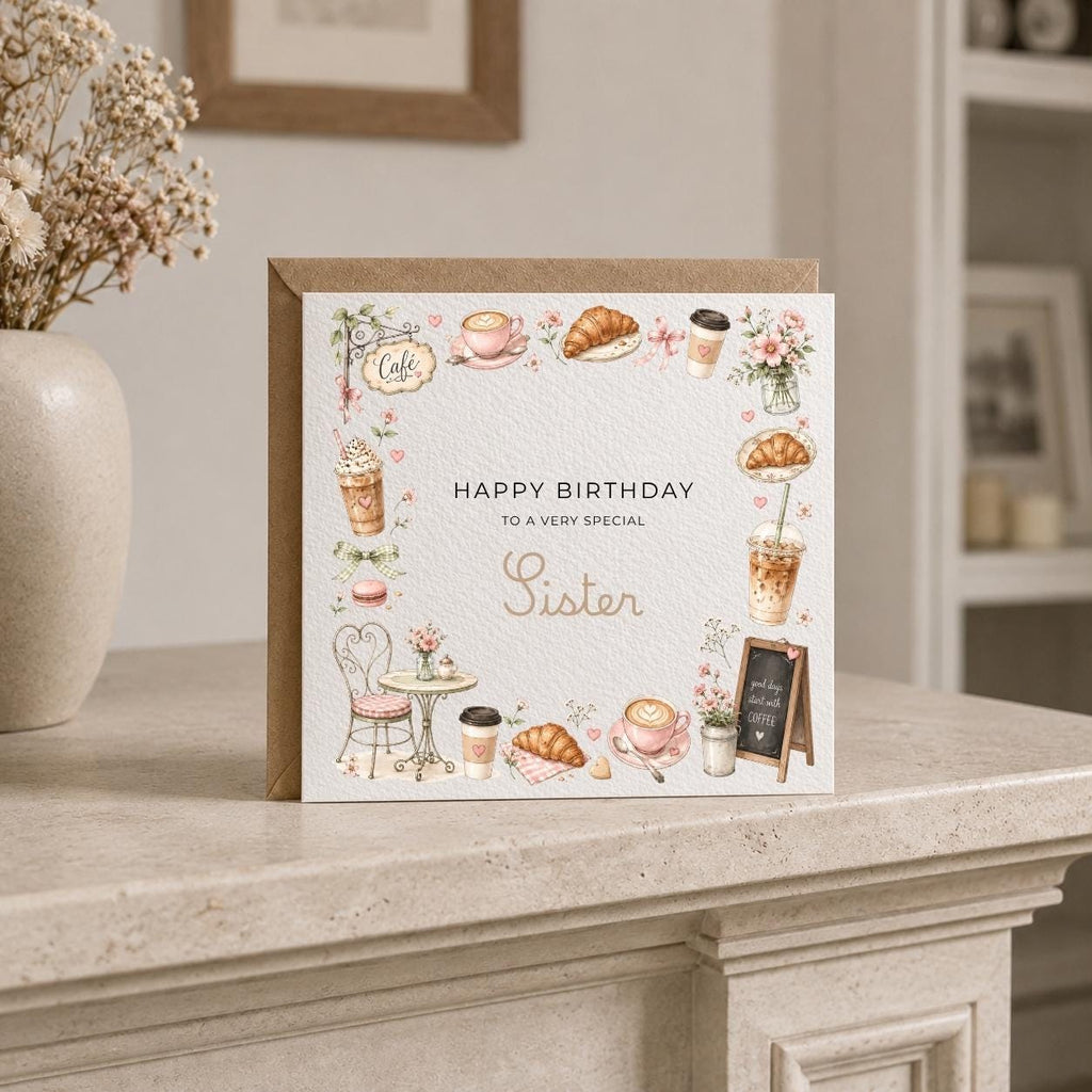 Personalised Café Theme Birthday Card for Wife, Mum, Grandma, Daughter, Auntie, Sister etc
