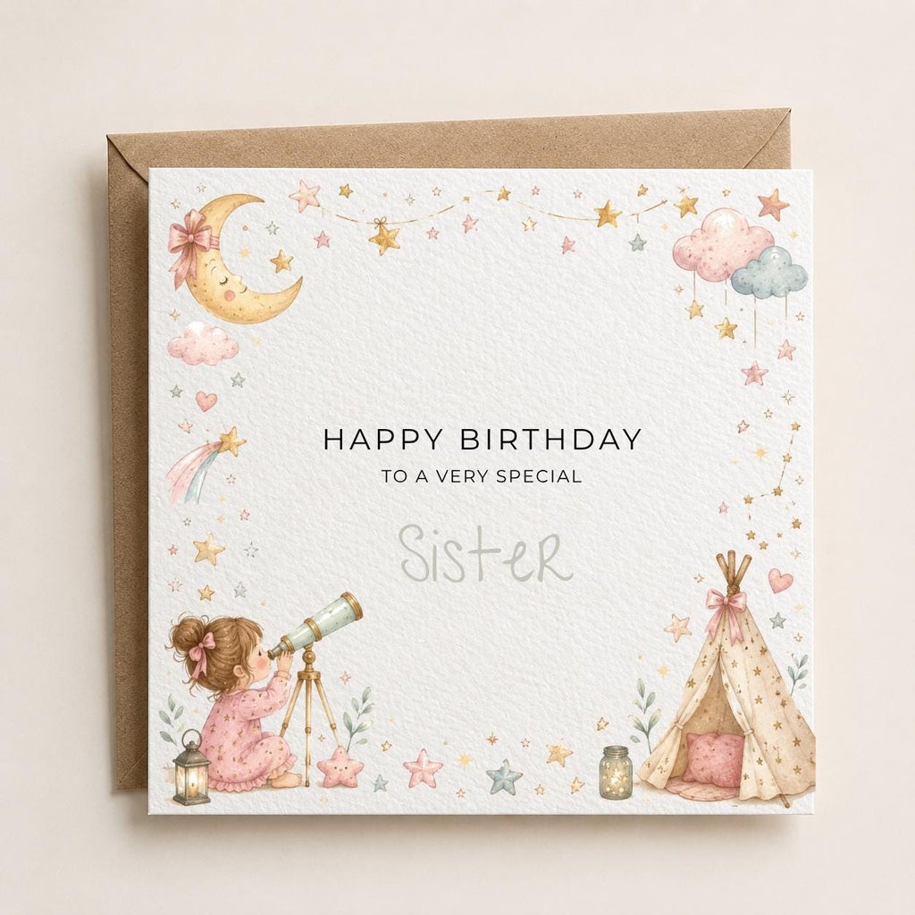 Personalised Stargazing Theme Birthday Card for Daughter, Granddaughter, Sister etc