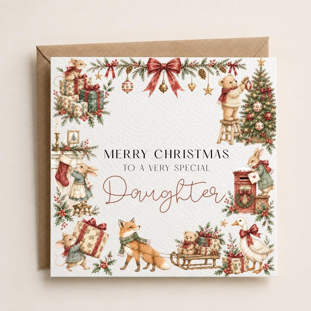 Personalised Vintage Christmas Card for Children | Traditional Animals & Gifts