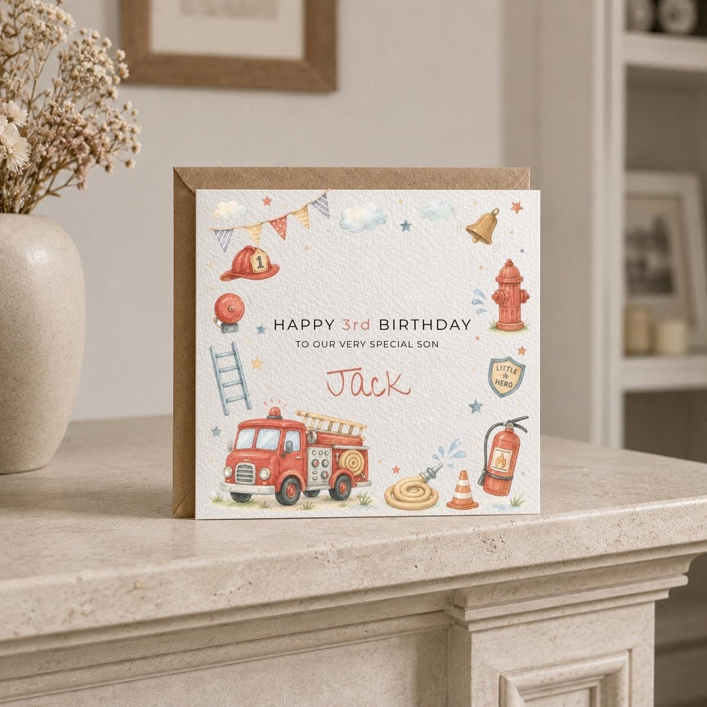 Personalised Fireman Theme Birthday Card for Son, Grandson, Brother etc