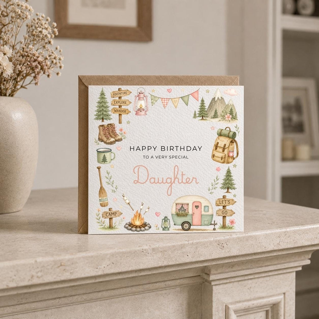 Personalised Camping Theme Birthday Card for Wife, Mum, Grandma, Daughter, Auntie, Sister etc