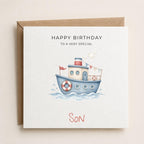 Personalised Boat Theme Birthday Card for Son, Grandson, Brother etc