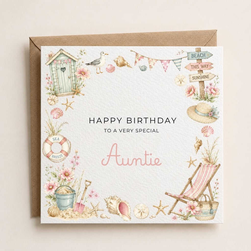 Personalised Beach Theme Birthday Card for Wife, Mum, Grandma, Daughter, Auntie, Sister etc
