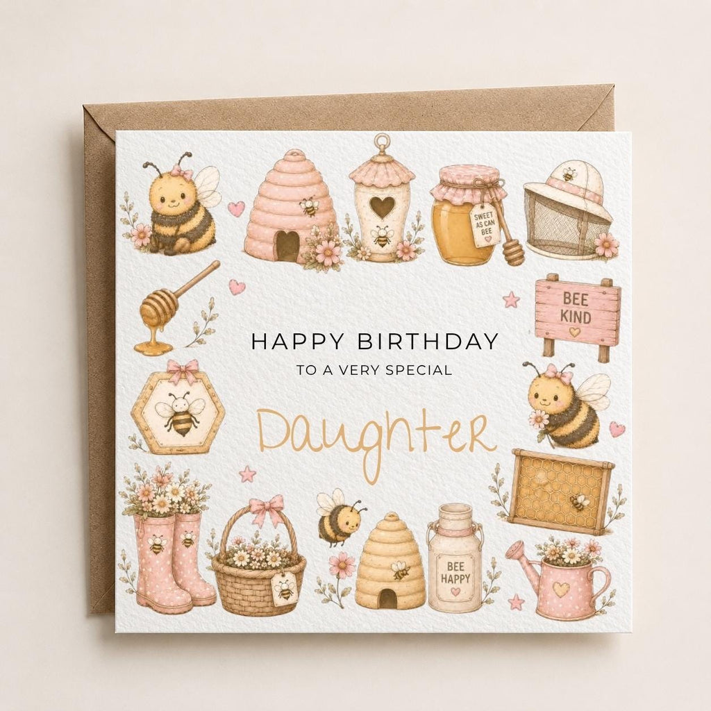Personalised  Honey Bee Theme Birthday Card for Daughter, Granddaughter, Sister etc