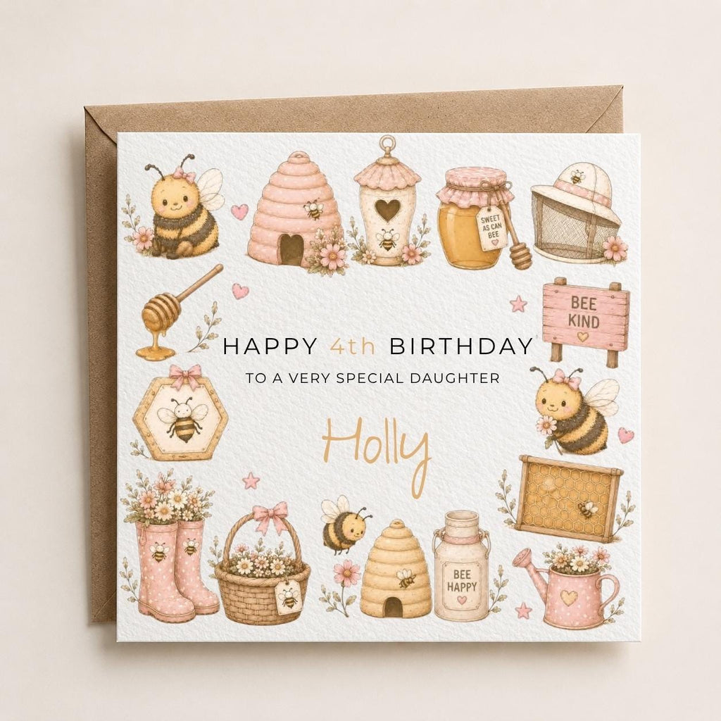 Personalised  Honey Bee Theme Birthday Card for Daughter, Granddaughter, Sister etc