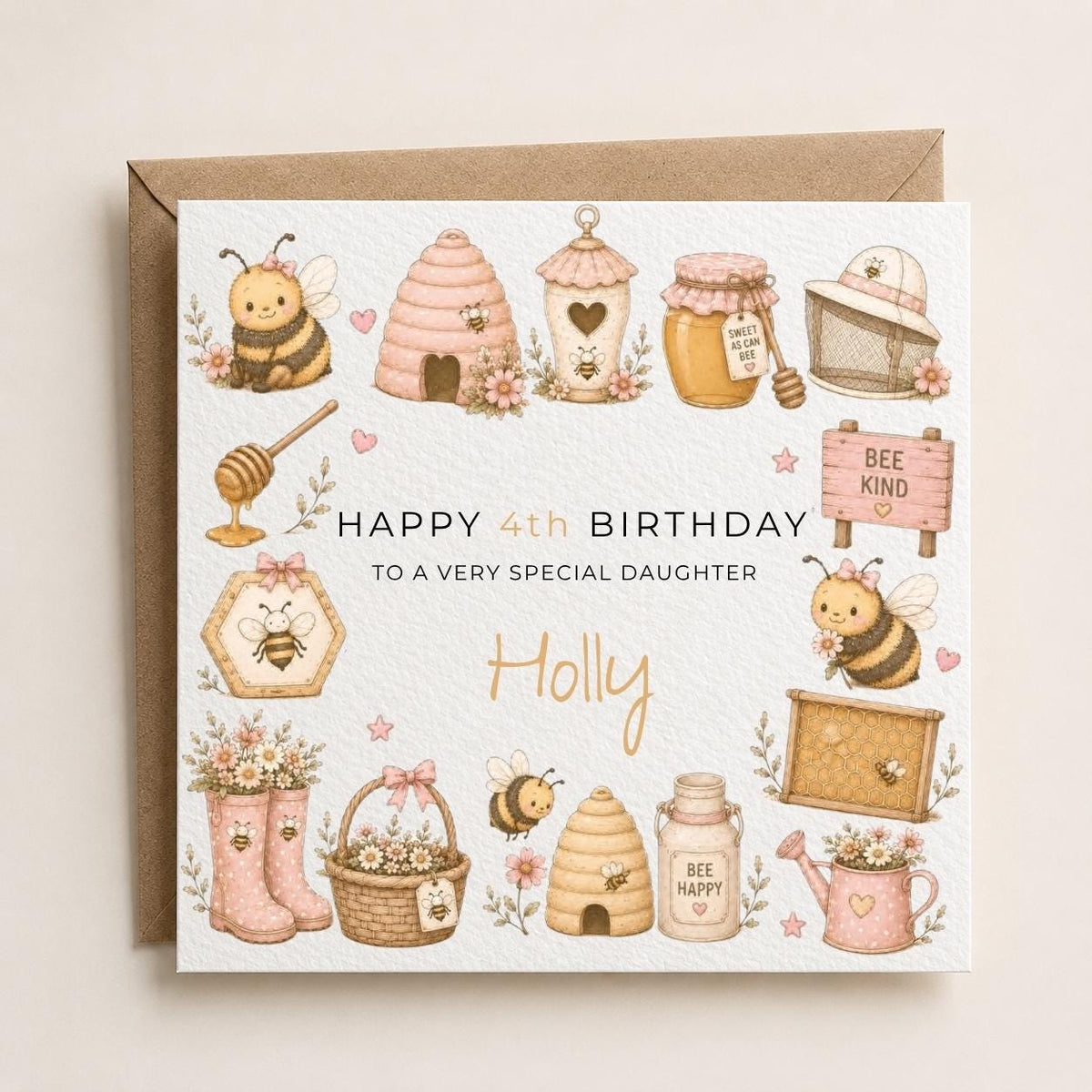 Personalised  Honey Bee Theme Birthday Card for Daughter, Granddaughter, Sister etc