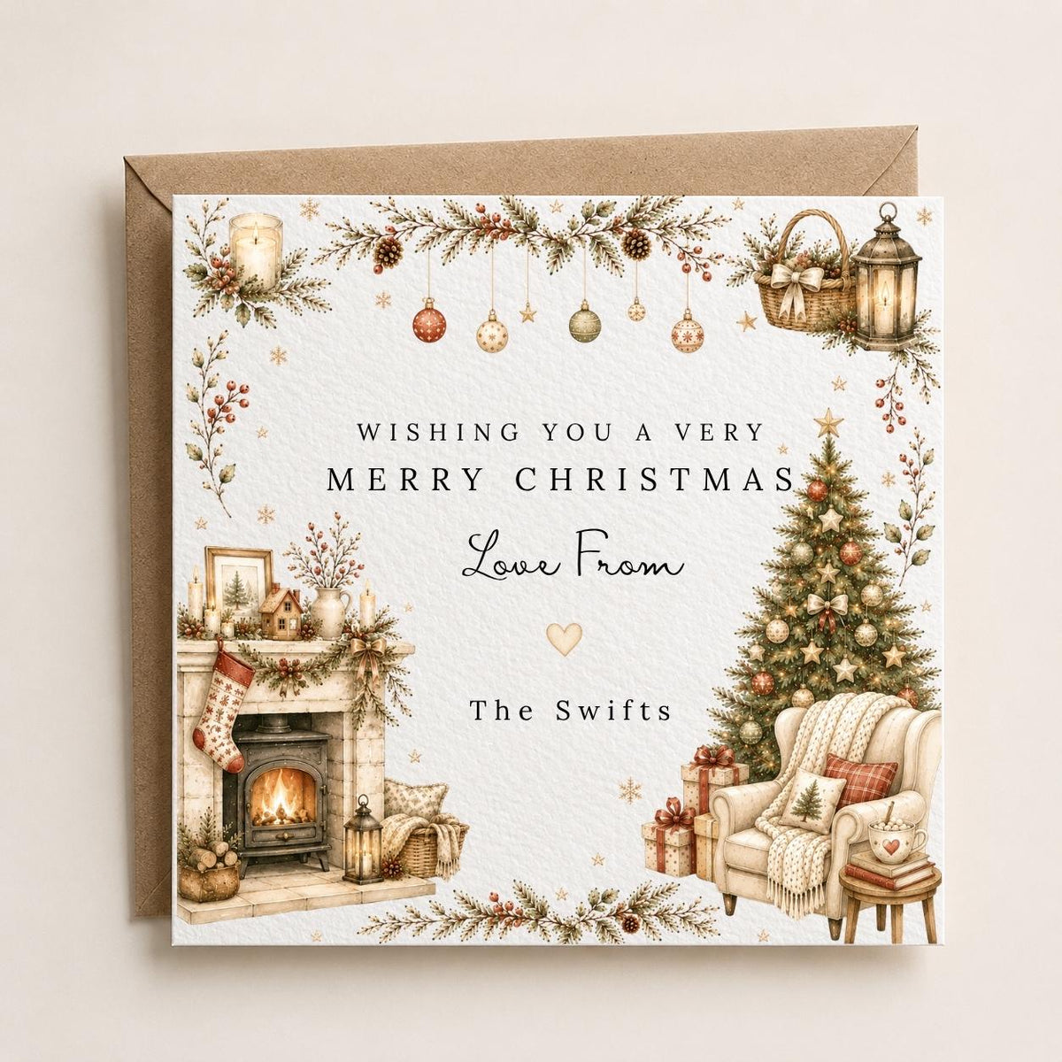 Personalised Christmas Card | Vintage Festive Greeting | Luxury Xmas Keepsake | Completely Customisable | Cosy Cottage