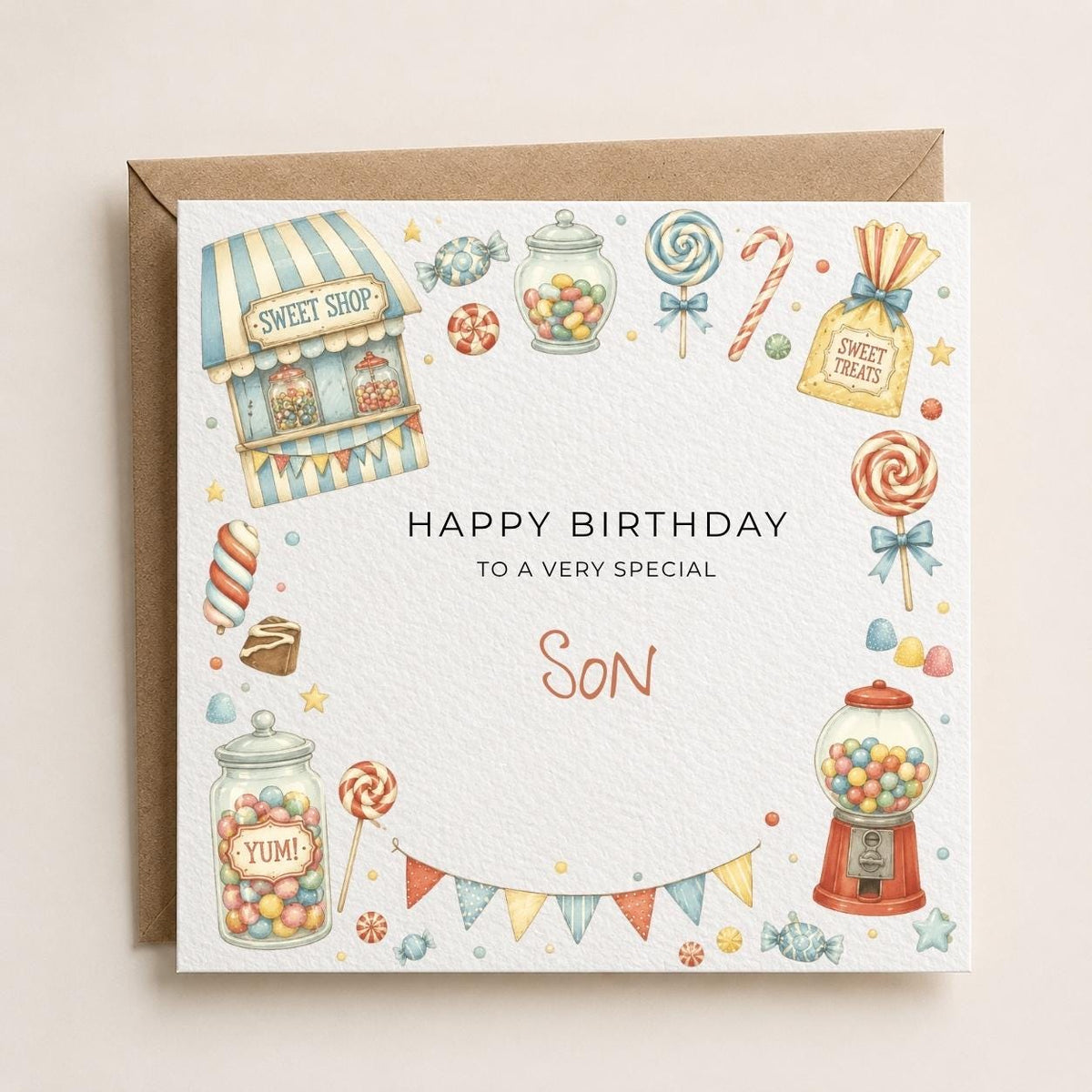 Personalised Sweets Theme Birthday Card for Son, Grandson, Brother etc