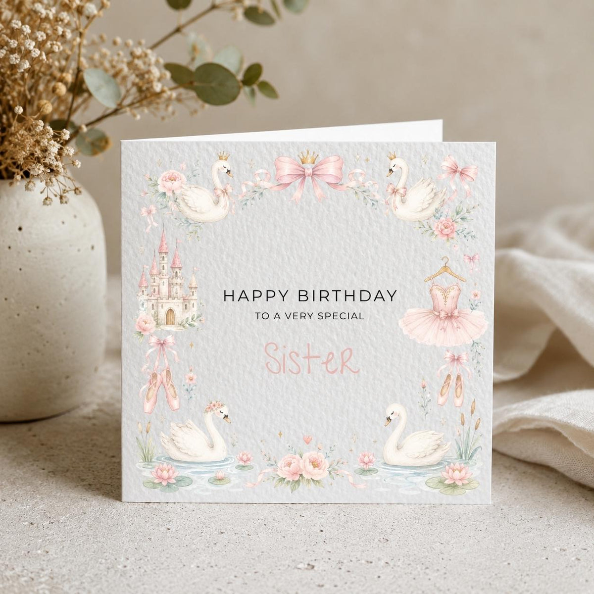 Personalised Swan Theme Birthday Card for Daughter, Granddaughter, Sister etc