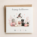 Personalised Halloween Card, Ghost Pumpkin Black Cat Design, 1st Halloween Birthday For Girls