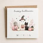Personalised Halloween Card, Ghost Pumpkin Black Cat Design, 1st Halloween Birthday For Girls
