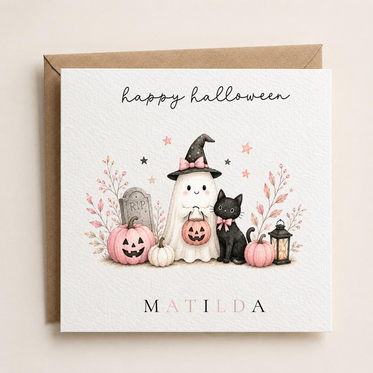 Personalised Halloween Card, Ghost Pumpkin Black Cat Design, 1st Halloween Birthday For Girls