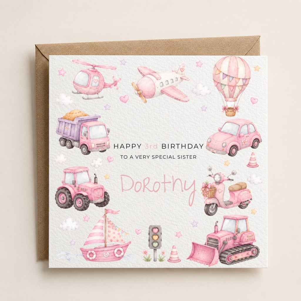 Personalised Transport Theme Birthday Card for Daughter, Granddaughter, Sister etc