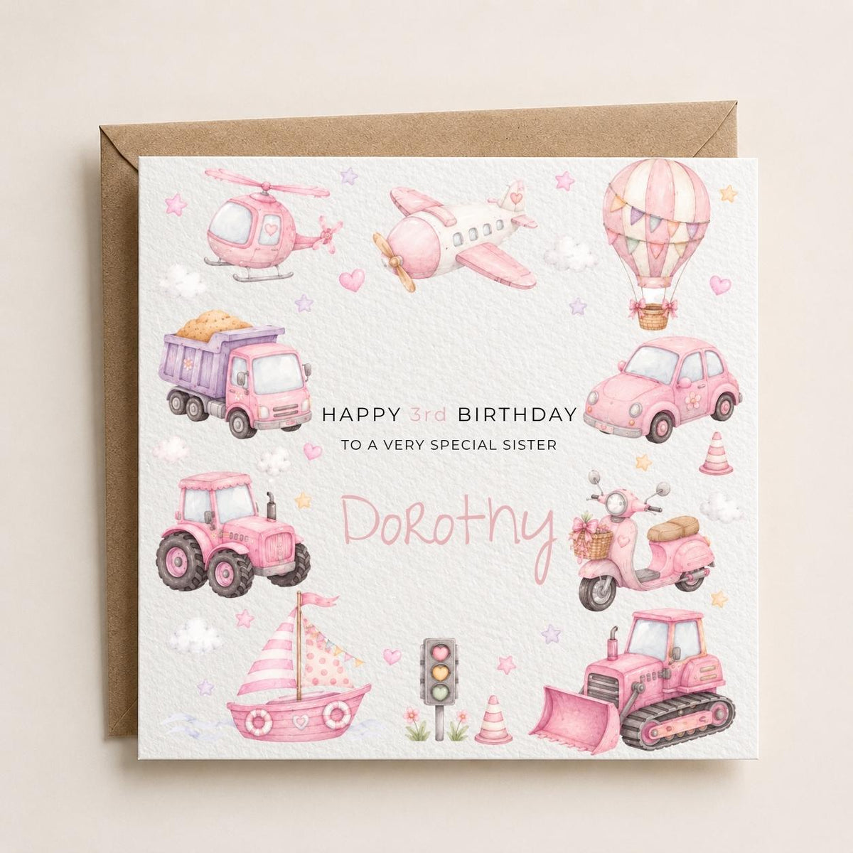 Personalised Transport Theme Birthday Card for Daughter, Granddaughter, Sister etc