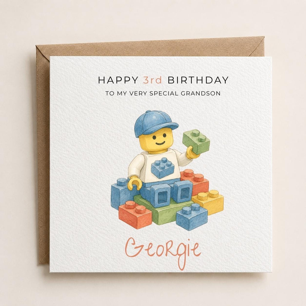 Personalised Lego Theme Birthday Card for Son, Grandson, Brother etc