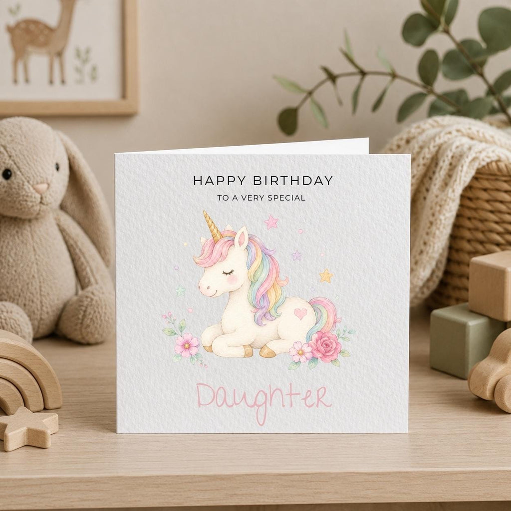 Personalised Unicorn Theme Birthday Card for Daughter, Granddaughter, Sister etc