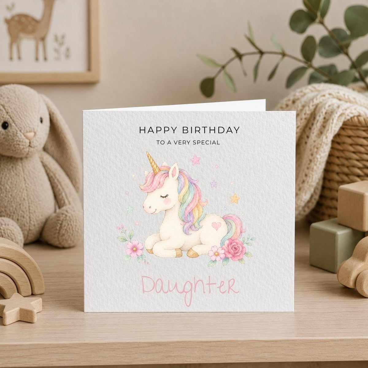 Personalised Unicorn Theme Birthday Card for Daughter, Granddaughter, Sister etc