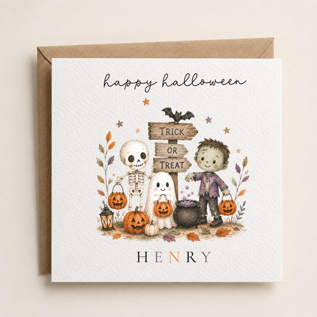 Personalised Halloween Card, Spooky Skeleton Ghost Zombie Design, First Birthday Greeting