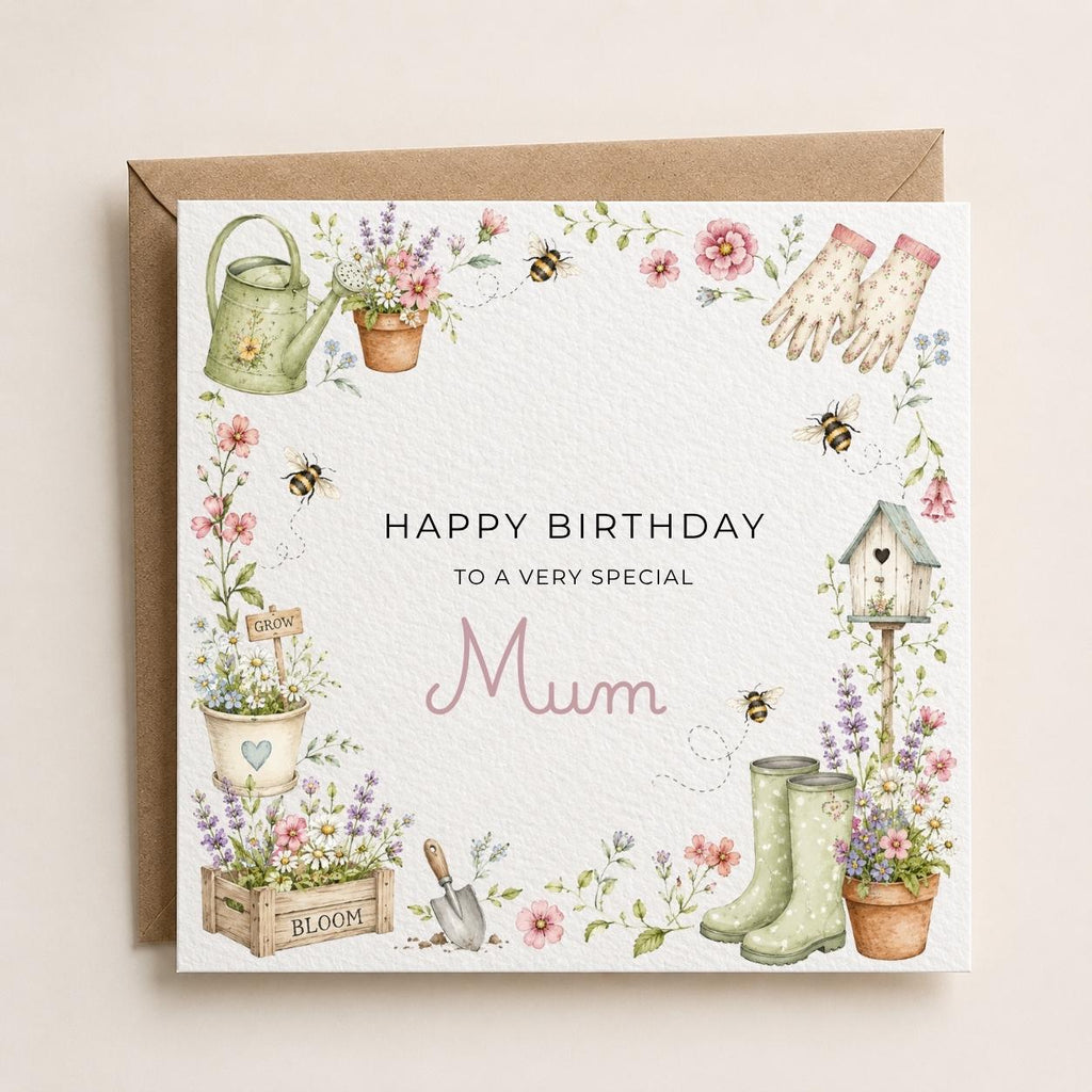 Personalised Bee Garden Theme Birthday Card for Wife, Mum, Grandma, Daughter, Auntie, Sister etc